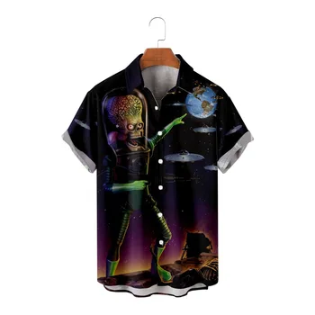 Мужская гавайская рубашка 4XL, свободный топ, модная рубашка с инопланетным принтом, лацкан, дышащий летний короткий рукав