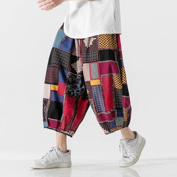Летние шаровары с цветами в китайском стиле 2023, мужские брюки до икр, повседневные мужские капри с отвисающей промежностью