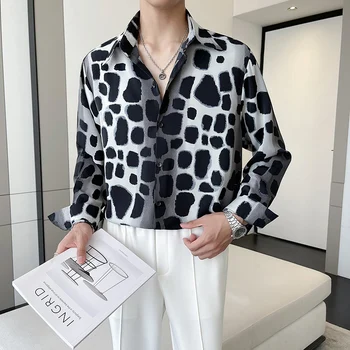 Летняя мужская рубашка с леопардовым принтом 2023, свободные повседневные рубашки с длинным рукавом, уличная одежда, смокинг для вечеринок с лацканами, мужская одежда