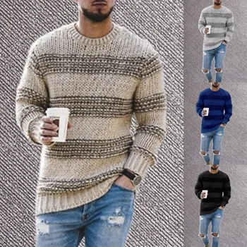 Новый свитер, мужская одежда, осенне-зимняя модная повседневная одежда в полоску с круглым вырезом