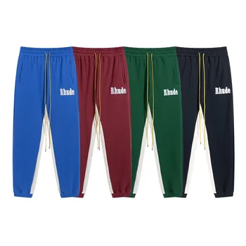 Брюки в полоску с вышивкой логотипа RHUDE, мужские, женские, хлопковые брюки с задним карманом на завязках, свободные спортивные брюки с бирками