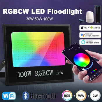 Умный Прожектор RGBCW Наружный Настенный светильник Поддерживает Tuya / Alexa / Google Home AC85-265V 30 Вт 50 Вт 100 Вт IP66 Садовое Ландшафтное Освещение