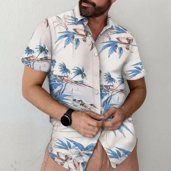 Гавайские мужские рубашки Летние каникулы, Пляжные рубашки с принтом листьев, рубашки с коротким рукавом, богемные рубашки оверсайз, мужская одежда, рубашки Camisa