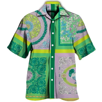 Роскошная мужская винтажная рубашка на пуговицах в стиле ретро с короткими рукавами и 3D цветочным принтом Пейсли, блузки с отложным воротником, праздничные рубашки, пляжная одежда