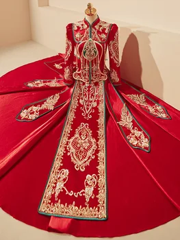 Традиционный Свадебный Тост Одежда Китайские Кисточки Свадебное Платье Блестки Бисероплетение Ципао