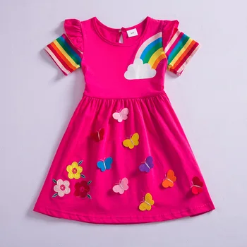 Летнее Платье с Вышивкой Бабочкой и Коротким Рукавом Для девочек С Новыми Цветочными Радужными Рукавами SH81037