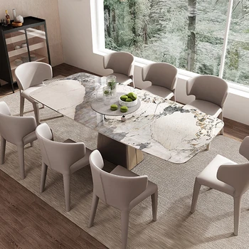Обеденный стол из яркой каменной доски, мрамор, современный минималистичный небольшой блок, сочетание итальянского минималистичного обеденного стола и стула