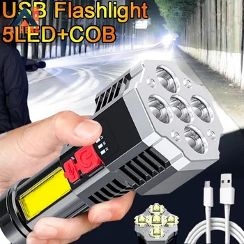 Мощный сенсорный фонарик COB с 5 светодиодами, портативный фонарик, USB-зарядные устройства, перезаряжаемый водонепроницаемый фонарь для кемпинга на открытом воздухе