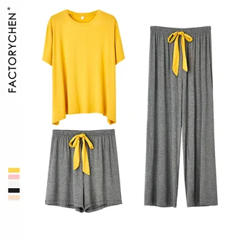 Высококачественные модальные пижамные комплекты из 3 предметов, летнее повседневное женское нижнее белье для ленивых, свободная и обтягивающая одежда для отдыха, Материковый Китай
