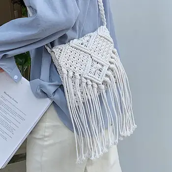 Хлопчатобумажная вязаная сумка через плечо для женщин, тканая сумка-мессенджер в богемном стиле, женские модные маленькие квадратные пляжные сумки через плечо