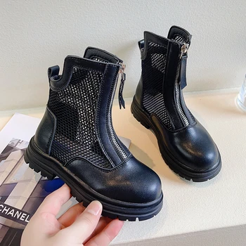 Детские летние ботинки, однотонная застежка-молния спереди, 2023, полые дышащие ботильоны для девочек, детская повседневная обувь, новый нескользящий подиум