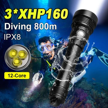 Супер мощный 3 * XHP160 светодиодный Профессиональный фонарик для дайвинга, перезаряжаемый 800-метровый Подводный Водонепроницаемый фонарь для дайвинга, ручная лампа для дайвинга