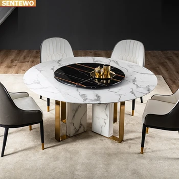 Роскошный дизайнерский круглый обеденный стол из мраморной плиты, обеденный стол, 4 6 8 стульев, мебель mesa tavolo, нержавеющая сталь, золотое основание
