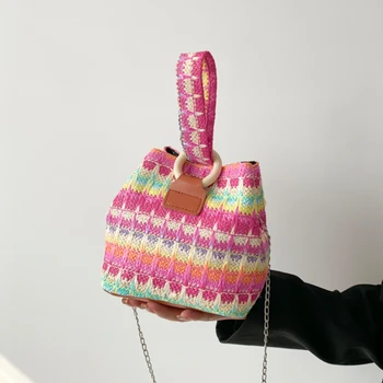 Летняя модная женская плетеная сумка-ведро, Новые женские сумки через плечо на цепочке, Винтажные цветные женские сумки-клатчи, сумки-портмоне.