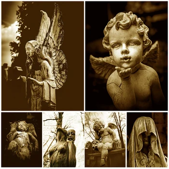 Статуя Ангела на кладбище Винтажная настенная живопись на холсте Грустная Плачущая статуя Ангела Художественный плакат и принт Украшение для дома