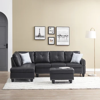 Современный диван L-образной формы, черный кожаный угловой диван, левое кресло с журнальным столиком и подставкой для ног для хранения, гостиная