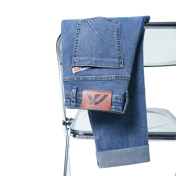 Классические мужские джинсы-стрейч с карманной вышивкой 2023, прямые Тонкие хлопковые джинсы-стрейч, летние брендовые молодежные модные тонкие легкие брюки