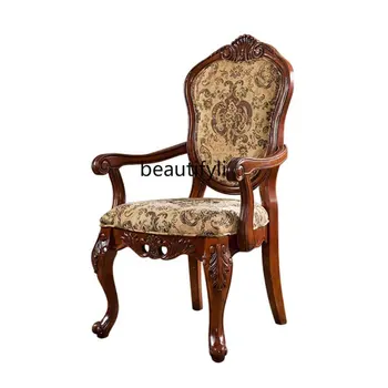 Американская мебель Обеденный стул из массива дерева, Европейский стиль, Винтажная ткань с гравировкой, Мягкий стул для кабинета, стул