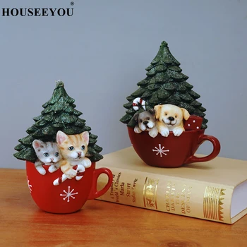 Рождественский кубок, статуэтки щенка и Котенка, креативное дерево, кошка, собака, Светящиеся подарки, Подсвечник, Троянский конь, украшения из смолы