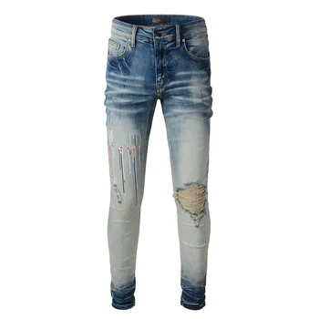 Мужские светло-голубые джинсы проблемного качества Slim Fit с нанесенными буквами, уличная одежда в стиле Skinny Stretch, рваные джинсы для Хай-стрит.