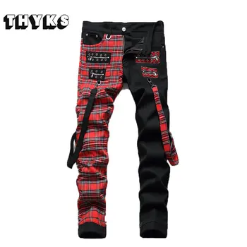 Мужские джинсы в клетку в стиле Пэчворк, Черные Джинсы в стиле Хип-хоп, рок-брюки, Графическая Уличная одежда Y2k Hombre, Прямые брюки-карандаш, Большие размеры 29-38