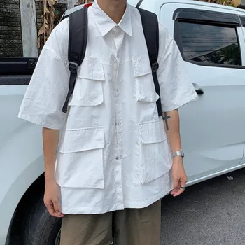 Летняя рубашка с коротким рукавом Мужская мода Негабаритные Ретро Рубашки с несколькими карманами Мужская Японская уличная Одежда Свободные Рубашки для мужчин M-2XL