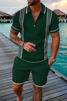 Мужская летняя рубашка Поло, комплект из 2 предметов, Гавайский спортивный костюм, повседневный деловой костюм, модная одежда на молнии с отложным воротником, винтажный наряд