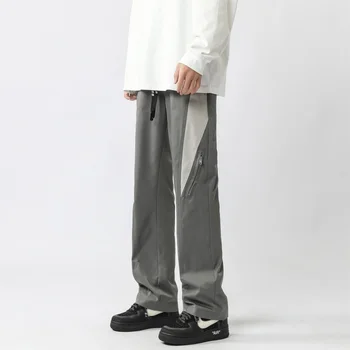 Оригинальные повседневные брюки в стиле пэчворк с прямыми штанинами, мужские Корейские модные тренды, высокая Уличная Одежда, подростковые шаровары с завязками большого размера