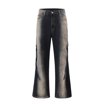 Винтажные серые джинсы-клеш, мужские высококачественные модные универсальные джинсы, мужские брюки