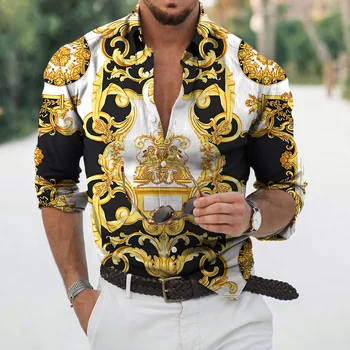 Осенние мужские рубашки в стиле барокко с длинным рукавом в стиле 3D барокко, роскошная социальная рубашка с V-образным вырезом, футболки оверсайз Sirt omme Autumn Clotin