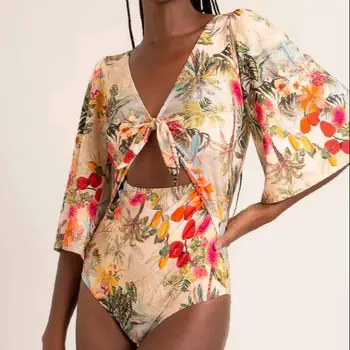 Винтажный цельный купальник с V-образным вырезом и принтом, длинный рукав, треугольный вырез, сексуальное тонкое Бикини, модная бесшовная пляжная одежда в стиле пэчворк