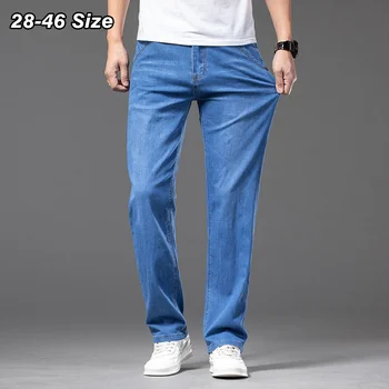 Летние мужские тонкие джинсы 44 46, модные эластичные Прямые мешковатые джинсовые брюки оверсайз, Черные светло-синие деловые повседневные брюки