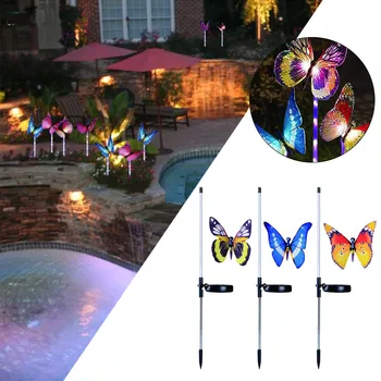 Солнечная светодиодная лампа с заземлением в виде бабочки из оптоволокна с семью градиентными цветами, лампа для украшения сада на открытом воздухе, светодиодные панели для освещения