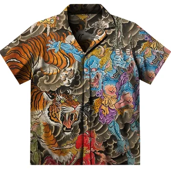 Новая гавайская рубашка, Мужские рубашки оверсайз с коротким рукавом, повседневная мужская рубашка, Летняя мужская одежда, уличное Ретро животное, Тигр, Лев