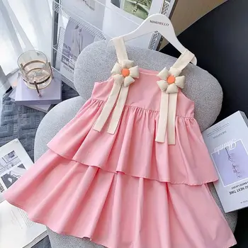 Платье для маленьких девочек, платья с цветами для торта, детский розовый костюм, детская одежда принцессы без рукавов, сарафан на подтяжках