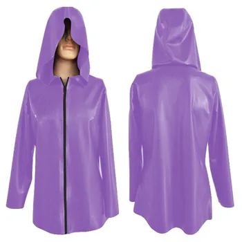 Женский длинный топ с капюшоном из латекса, фиолетово-черное пальто на молнии, размер XXS-XXL