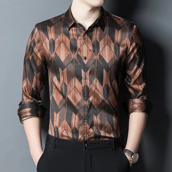 Мужские шелковые рубашки с геометрическим 3D принтом, винтажные повседневные рубашки весеннего качества, модная гладкая удобная роскошная домашняя сорочка