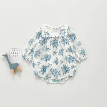 Осенняя одежда для маленьких девочек 2023 года, бело-голубая фарфоровая юбка из чистого хлопка, одежда для Ха-Ха, одежда для ползания в Полнолуние с длинным рукавом