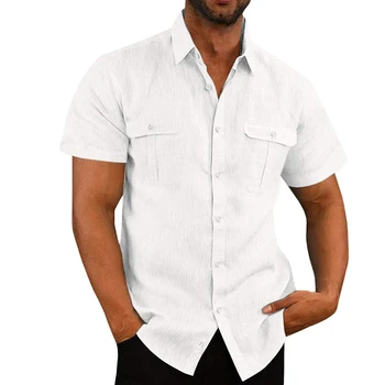 2022 Мужские повседневные льняные рубашки с отложным воротником, мужские однотонные топы с короткими рукавами, весенне-летние мужские рубашки с двойным карманом