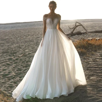 Красивые воздушные блестящие кристаллы, свадебные платья с короткими рукавами, винтажное свадебное платье 2023, свадебные платья с открытой спиной, бисерный пояс