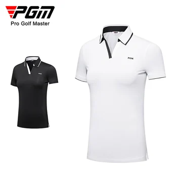 Женские футболки для гольфа PGM с коротким рукавом, летняя спортивная рубашка с разрезом по низу, дизайн с V-образным вырезом, эластичность, Быстросохнущая одежда для гольфа, женская одежда YF553