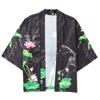 Мужская рубашка оверсайз с полным принтом, летнее кимоно Harajuku с открытой строчкой, Мужская женская верхняя одежда черного цвета