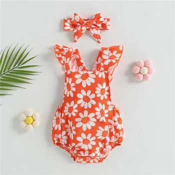 Летняя одежда для новорожденных девочек с оборками и цветочным принтом, комбинезон на подтяжках с развевающимися рукавами, повязка на голову, 0-24 м