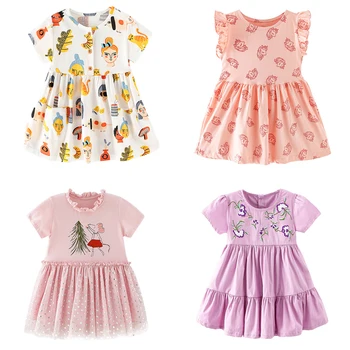 Летние платья для девочек с вышивкой в виде цветов и животных с коротким рукавом, хлопковые трикотажные дышащие повседневные платья на 2-7 лет