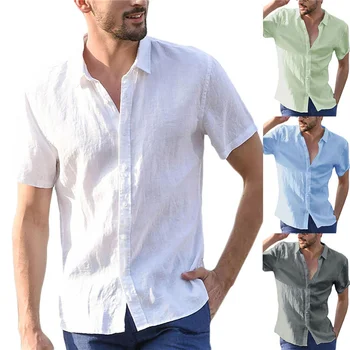 распродажа мужских рубашек с короткими рукавами из хлопка и льна, летних однотонных рубашек с отложным воротником, быстросохнущих, повседневных, в стиле Beac, больших размеров