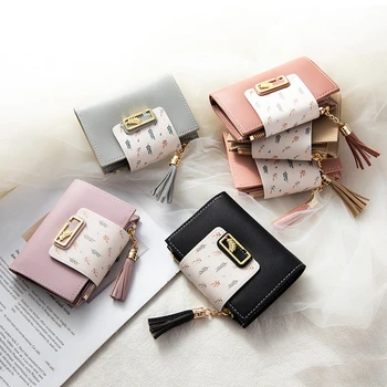 Новый модный короткий кошелек с кисточками для женщин, клатч из искусственной кожи, милая Корейская сумка-держатель для карт, складной маленький кошелек для монет для девочек