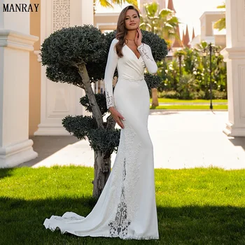 Кружевные аппликации MANRAY, свадебное платье русалки с длинным рукавом, атласные платья в складку с V-образным вырезом для женщин 2023, свадебное платье на пуговицах сзади