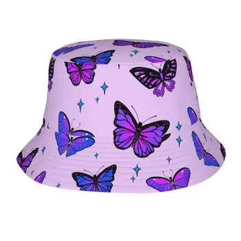 Солнцезащитные панамы с фиолетовой бабочкой для мужчин и женщин, рыбацкие кепки, милые хлопковые широкополые шляпы с завязками, уличные рыбацкие шляпы