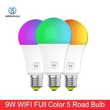 9 Вт 100-264 В WiFi Полноцветная 5-полосная лампа E27 Управляет переключением лампочки голосом, а также функцией тонирования