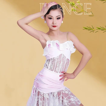 Летнее Розовое кружевное платье для латиноамериканских танцев, юбка, платья для соревнований по латиноамериканским танцам для девочек, детское танцевальное платье для выступлений, одежда для сцены SL8425